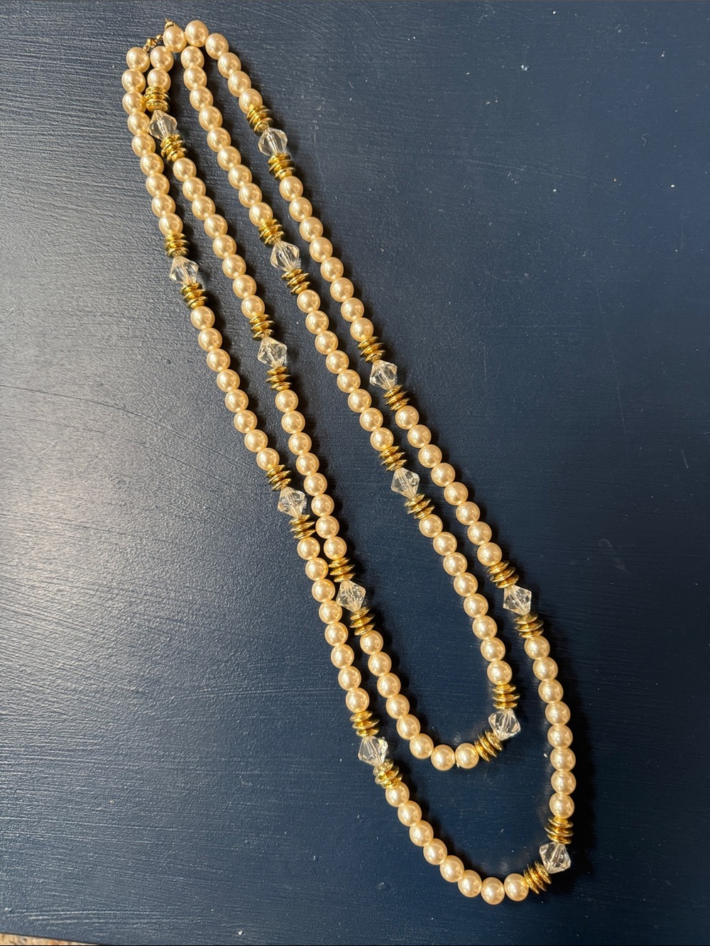 Classic Gold Pearl Necklace with Clear Crystal Accents